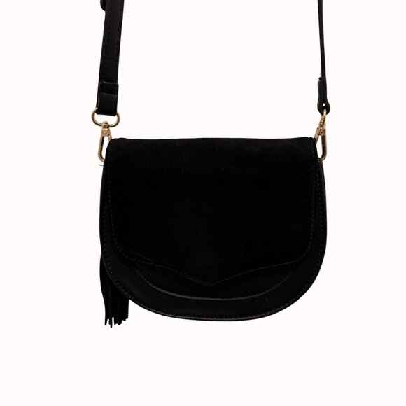 Moda Luxe Black Crossbody Bag Faux Suede Vegan Leather Tassel Accent Adjustable - Picture 16 of 16